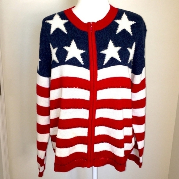 Tiara International Patriotic Zip Cardigan Sweater Women's Large L American Flag - Picture 2 of 9